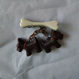 Vintage Plastic Scottie  Dogs W/ Bone Brooch Scottish Terrier Pin